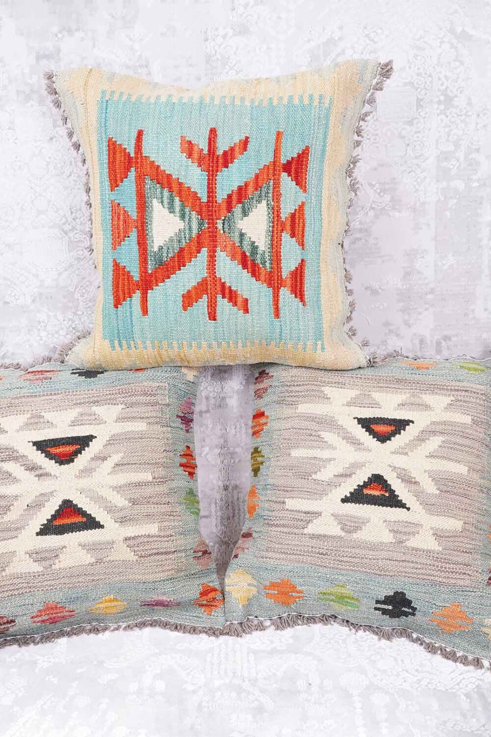 Floor Sitting Cushion Pillows Set of 3 Geometric Pattern Handwoven Kilim - Rugs Turkey