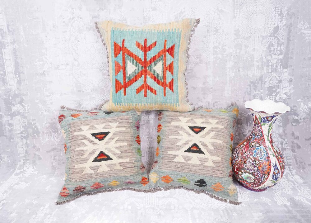 Floor Sitting Cushion Pillows Set of 3 Geometric Pattern Handwoven Kilim - Rugs Turkey