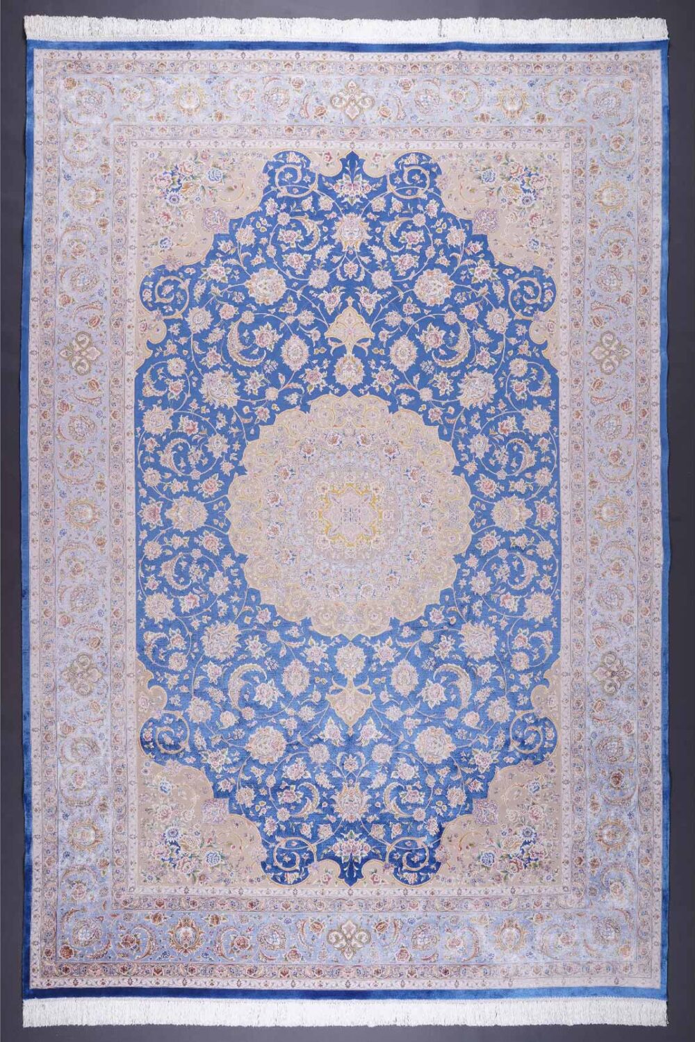 Floral Pattern Beige and Blue Rug Medallion Bamboo-Silk 6x9.8 ft - Rugs Turkey