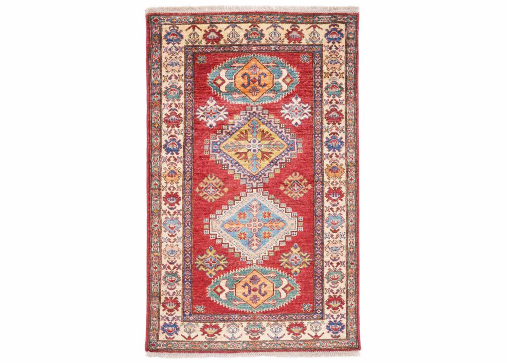 Hand-Knotted Geometric Area Rug in Red and Beige - Traditional Design for Elegant Interiors 5.2x3.2 ft - Rugs Turkey