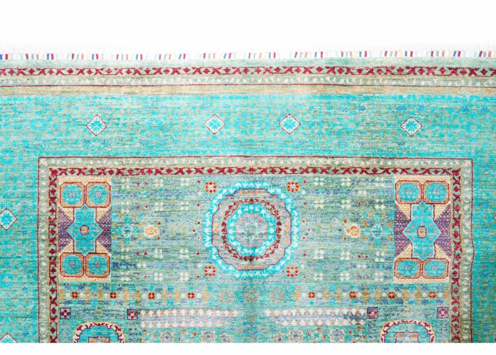 Handknotted Memluk Traditional Rug Green and Blue Geometric Pattern 8.1x5.7 ft - Rugs Turkey