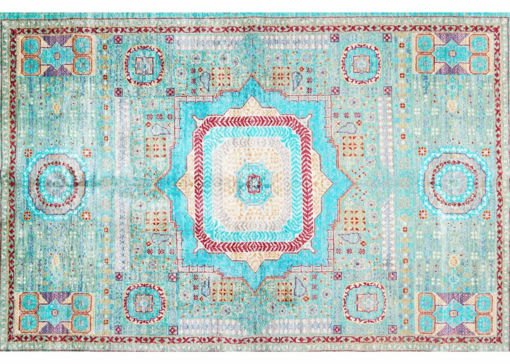 Handknotted Memluk Traditional Rug Green and Blue Geometric Pattern 8.1x5.7 ft - Rugs Turkey