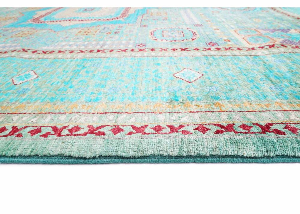 Handknotted Memluk Traditional Rug Green and Blue Geometric Pattern 8.1x5.7 ft - Rugs Turkey