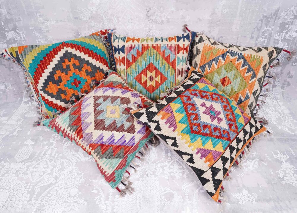 Handwoven Kilim Cushion Pillow Set of 5 Geometric Patterns - Rugs Turkey