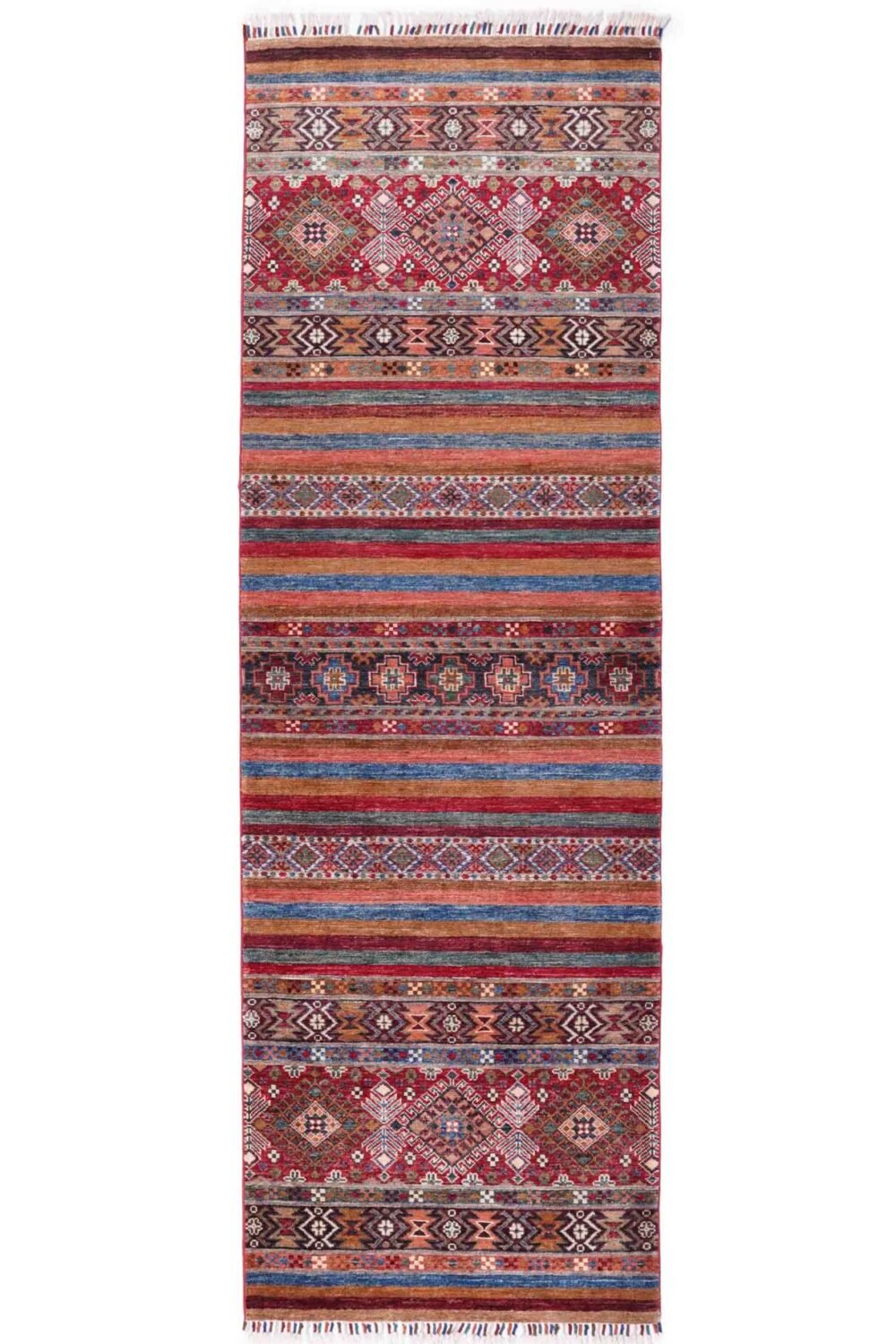 Horcun Red Kitchen Runner Handknotted Stripped Pattern 8x2.7 ft - Rugs Turkey