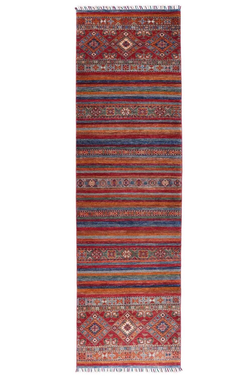 Horcun Stripped Hand knotted Wool Runner Rugs 9.7x2.7 ft Red-Rainbow - Rugs Turkey