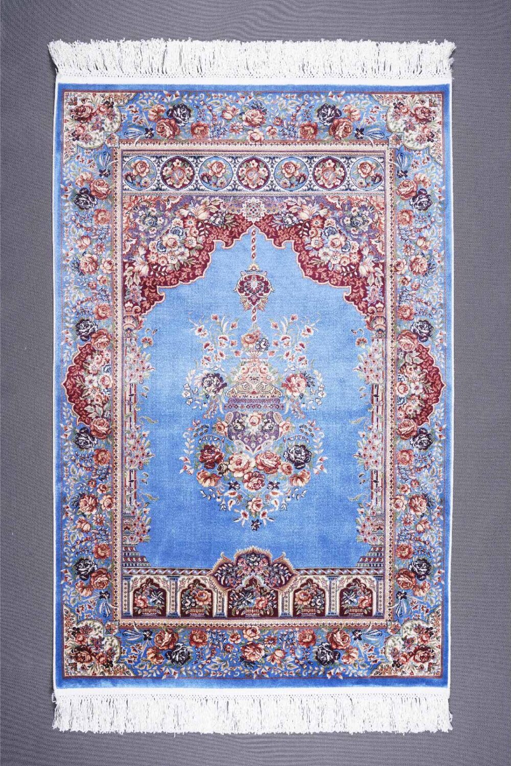 Medallion Blue Floral Area Rug 4x2.6 Machine-made with Bamboo & Silk - Rugs Turkey