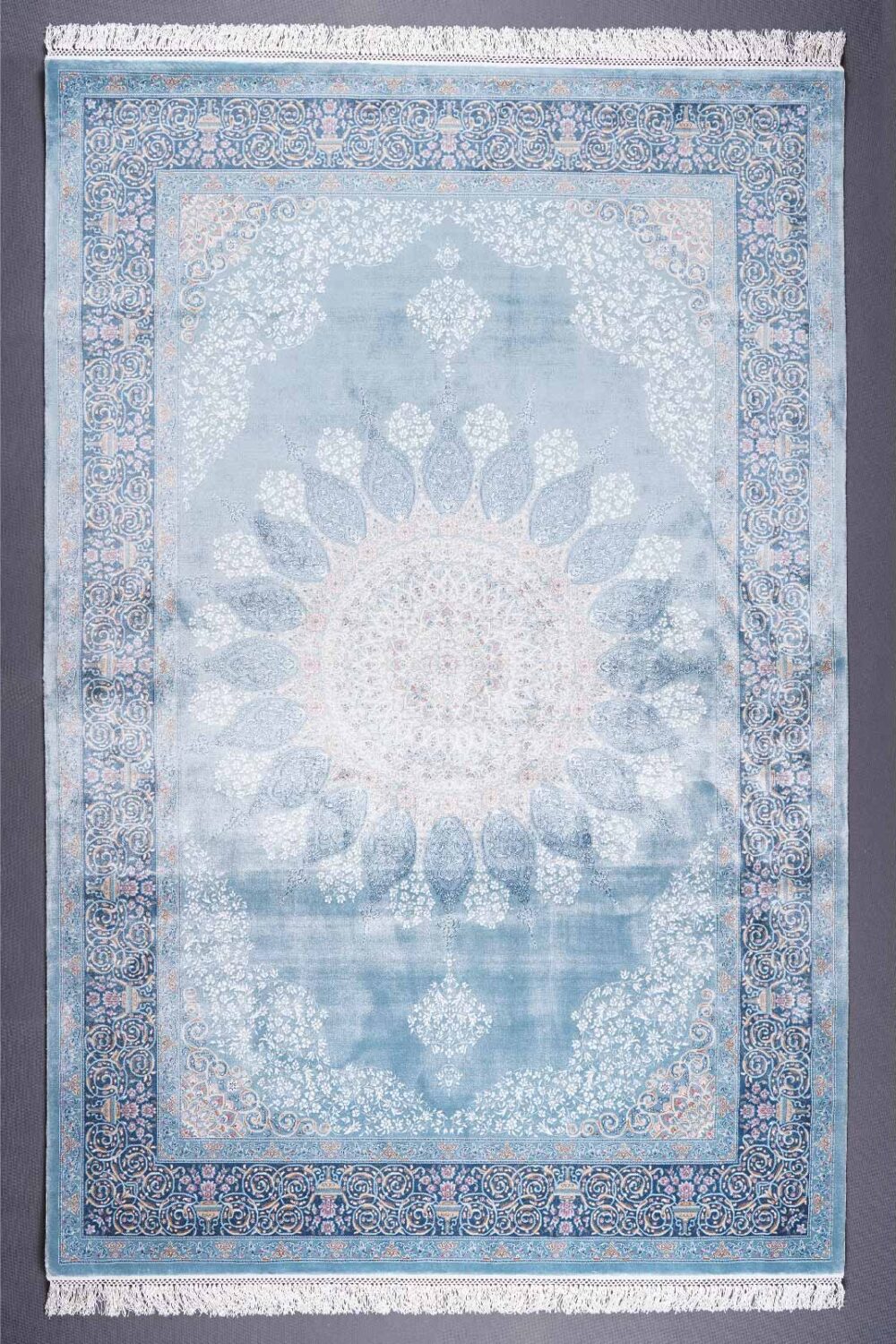 Medallion Blue and White Area Rug Machine made with Silk 6x4 ft - Rugs Turkey