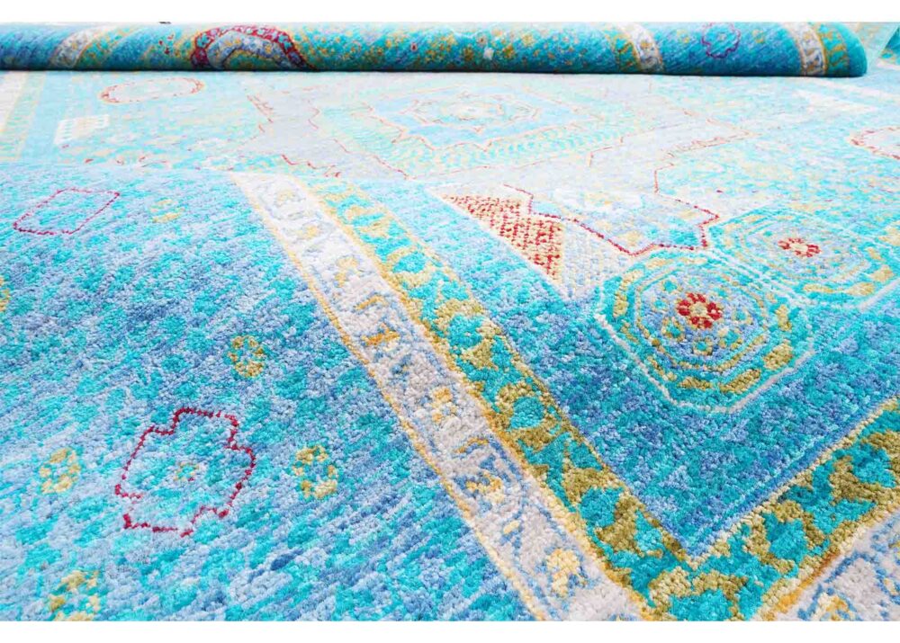 Memluk Blue and Green Area Rug Traditional Hand-knotted 8x5.6 ft -Rugs Turkey