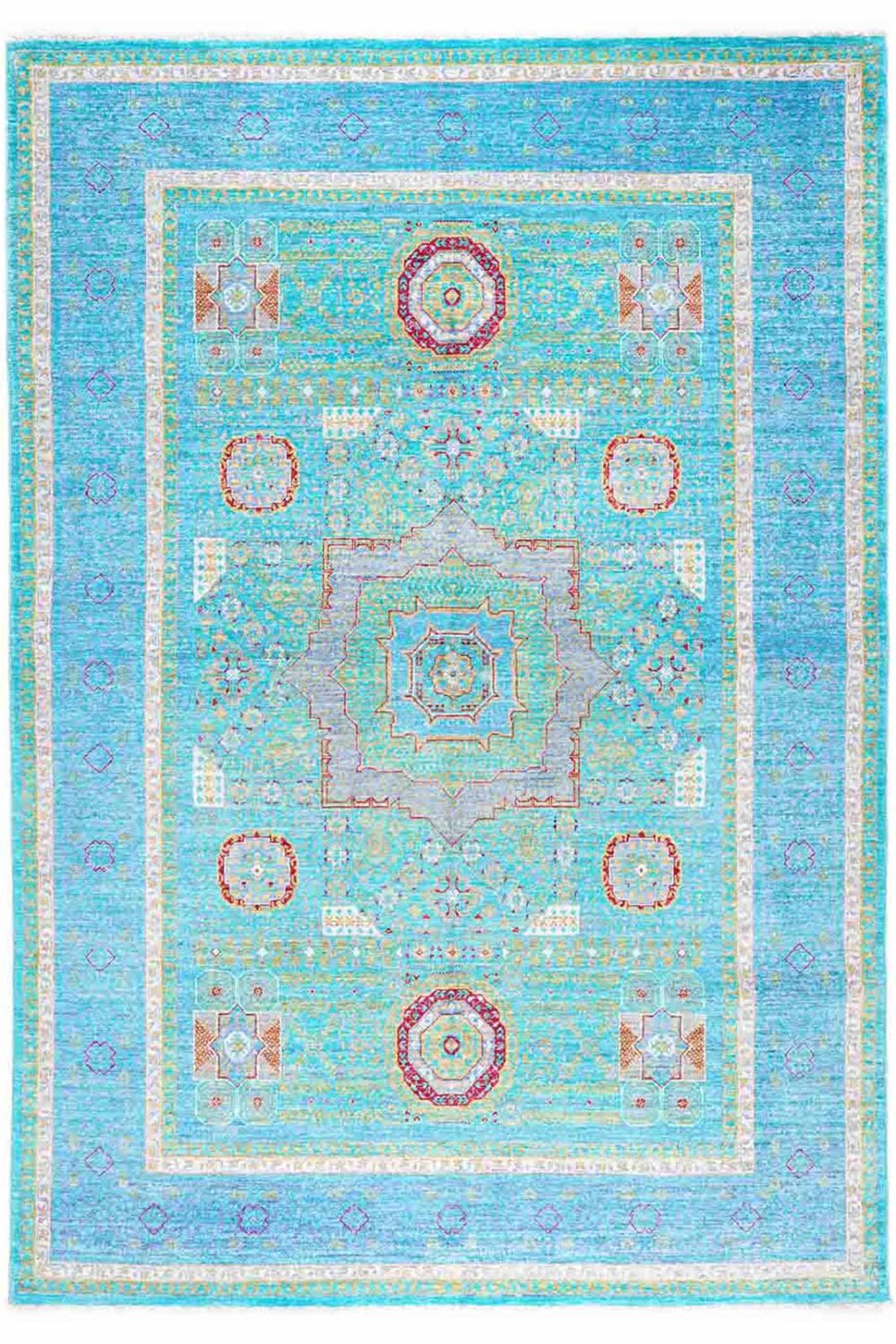 Memluk Blue and Green Area Rug Traditional Hand-knotted 8x5.6 ft - Rugs Turkey