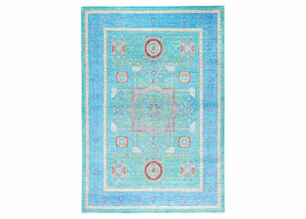 Memluk Blue and Green Area Rug Traditional Hand-knotted 8x5.6 ft - Rugs Turkey