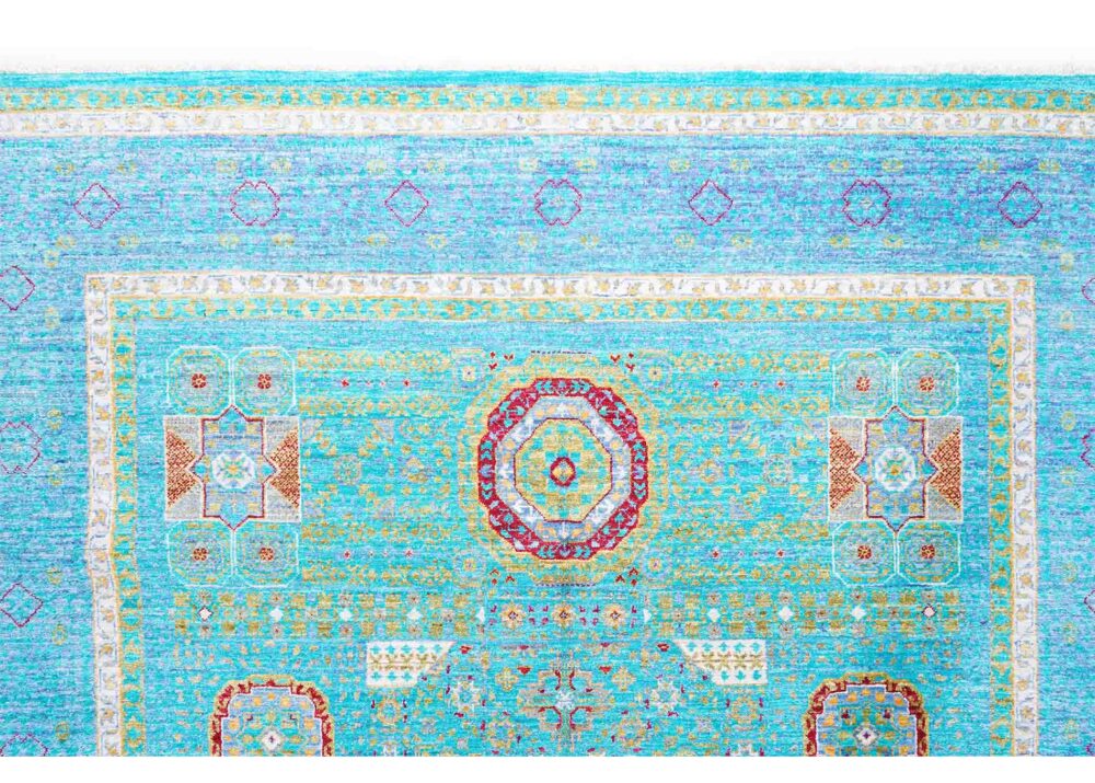 Memluk Blue and Green Area Rug Traditional Hand-knotted 8x5.6 ft -Rugs Turkey