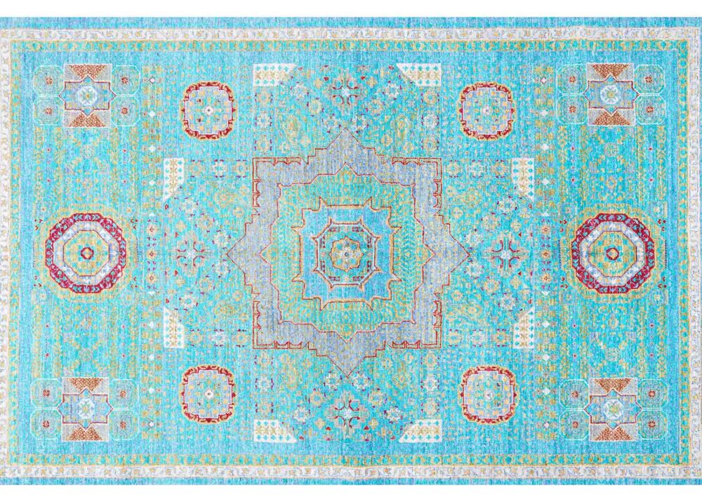 Memluk Blue and Green Area Rug Traditional Hand-knotted 8x5.6 ft -Rugs Turkey