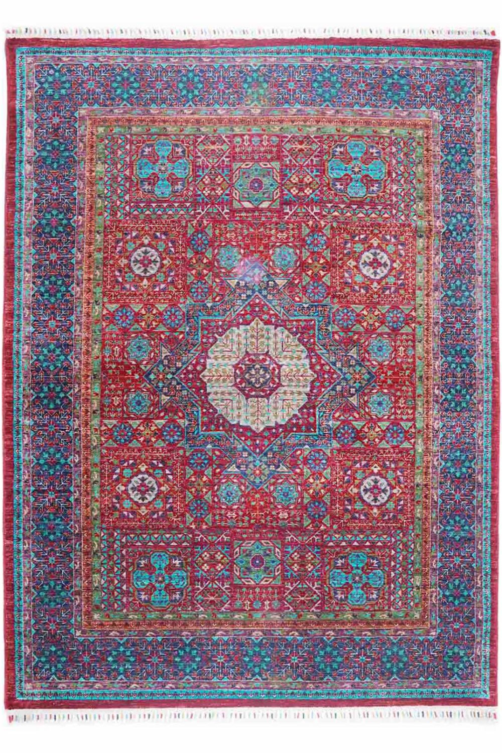 Memluk Red Blue Oriental Rug for Bedroom Handknotted 6.6x5 ft - Rugs Turkey