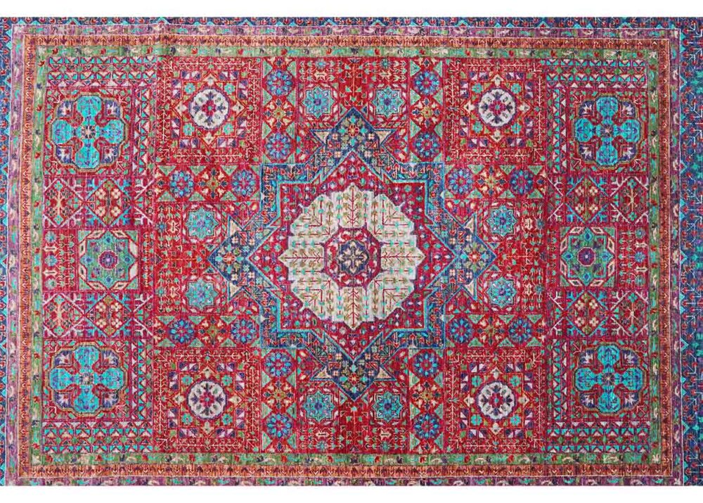 Memluk Red Blue Oriental Rug for Bedroom Handknotted 6.6x5 ft - Rugs Turkey