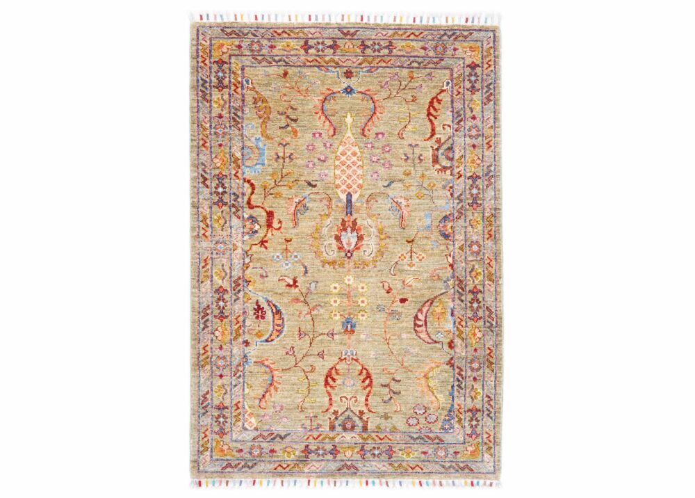 Modern Rugs for Living Room - Hand-Knotted Traditional Green & Orange Oriental Pattern 4x2.7 ft - Rugs Turkkey