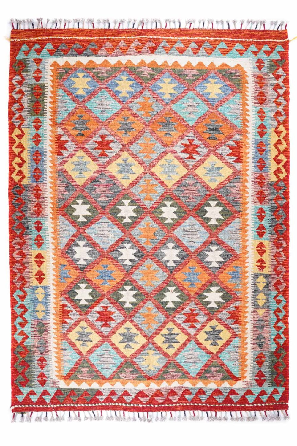 Multicolor Carpet Geometric Kayseri Kilim Handwoven with Wool 6.6x5 ft - Rugs Turkey