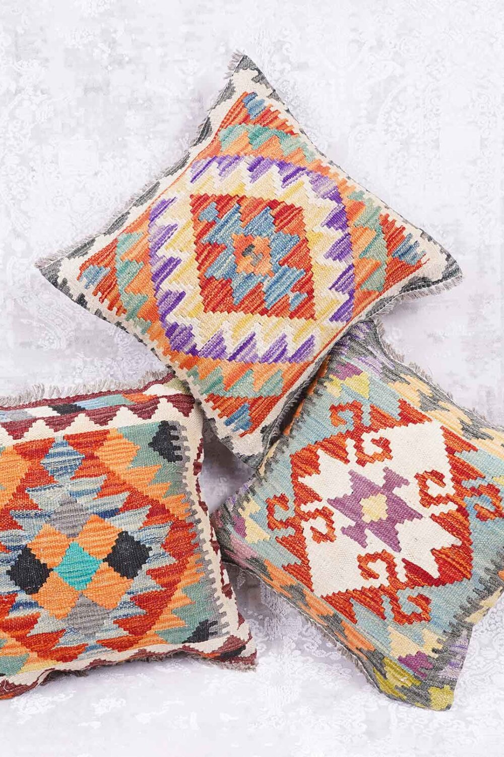 Multicolor Outdoor Floor Pillows, Set of 3 Handwoven Cushions - Rugs Turkey