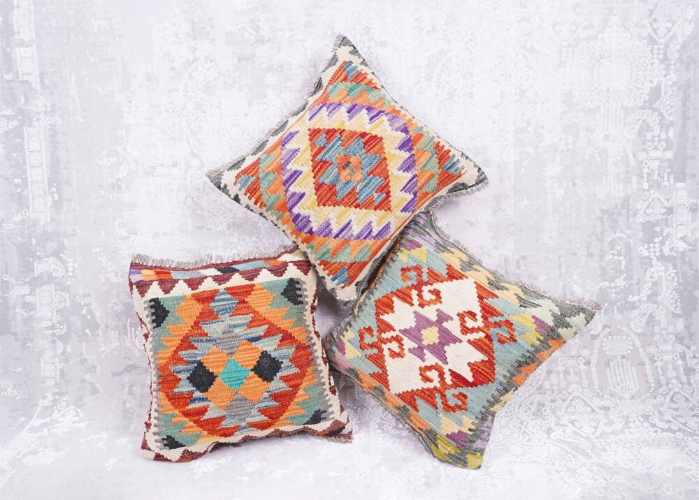 Multicolor Outdoor Floor Pillows, Set of 3 Handwoven Cushions - Rugs Turkey