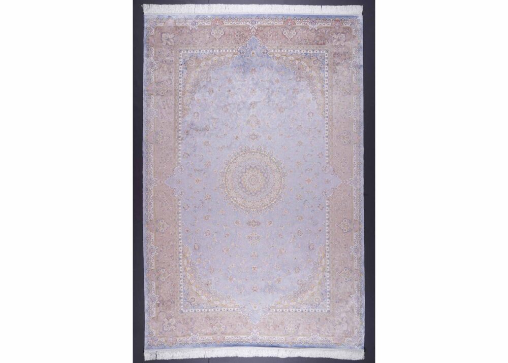 Neutral Living Room Rug Medallion Design 6x9.8 ft Silk-Bamboo - Rugs Turkey