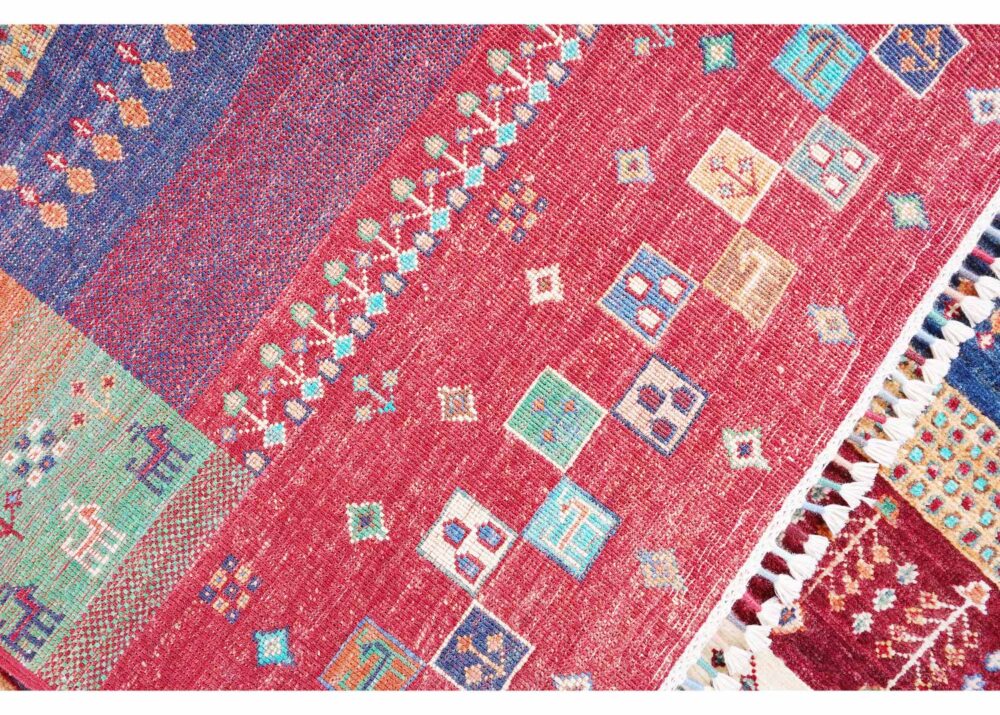 New Handknotted Horcan Traditional Rug Red and Blue Striped Design 8.2x5.8 ft - Rugs Turkey