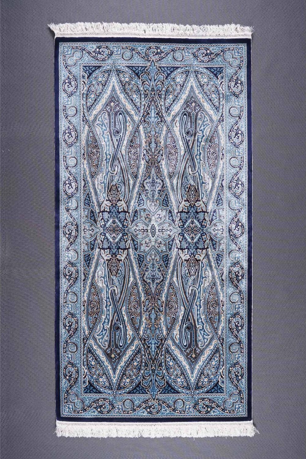 Oriental Blue Beige Area Rug Medallion Design 5x2.6 ft Silk-Bamboo - Rugs Turkey