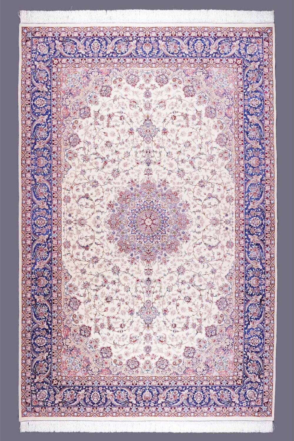 Oriental Pattern Tugra Beige Blue Rug 6.5x9.8 ft Bamboo-Silk - Rugs Turkey