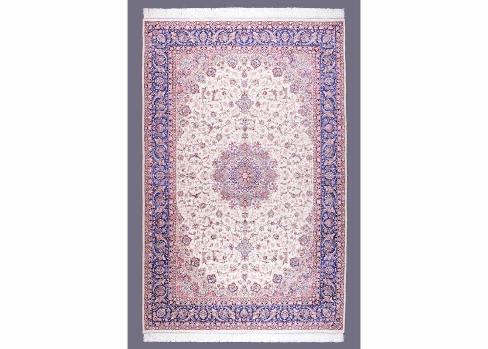 Oriental Pattern Tugra Beige Blue Rug 6.5x9.8 ft Bamboo-Silk - Rugs Turkey