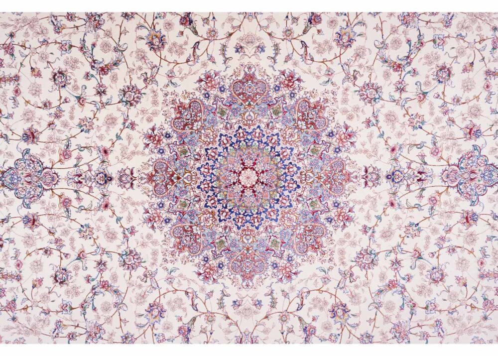 Oriental Pattern Tugra Beige Blue Rug 6.5x9.8 ft Bamboo-Silk - Rugs Turkey