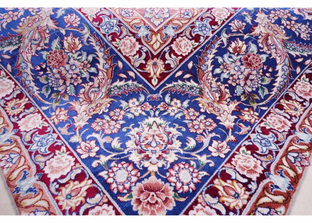 Oriental Pattern Tugra Beige Blue Rug 6.5x9.8 ft Bamboo-Silk - Rugs Turkey