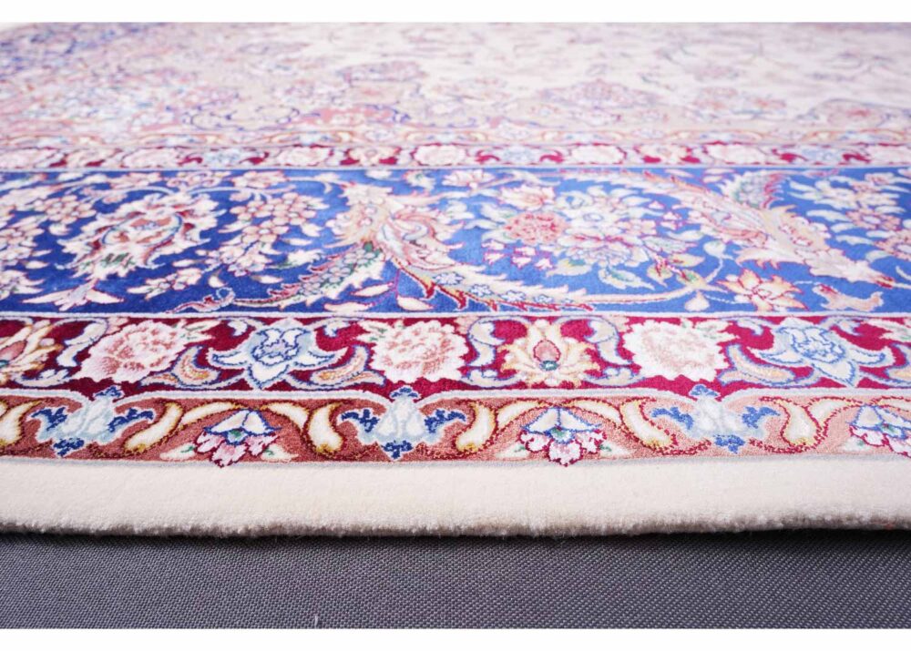 Oriental Pattern Tugra Beige Blue Rug 6.5x9.8 ft Bamboo-Silk - Rugs Turkey