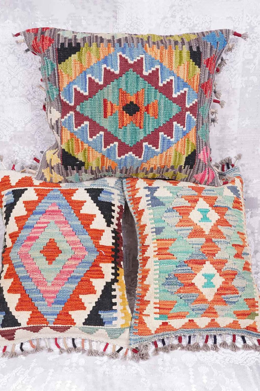 Outdoor Floor Cushions - 3 Pcs Handwoven Kilim Pillow Set - Rugs Turkey