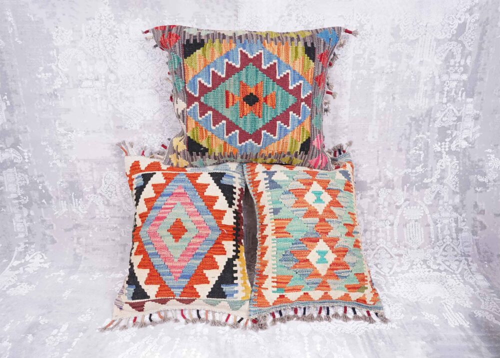 Outdoor Floor Cushions - 3 Pcs Handwoven Kilim Pillow Set - Rugs Turkey