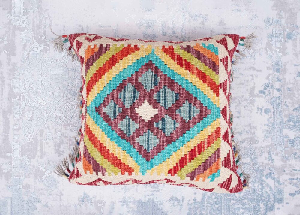 Outdoor Pillows Geometric Pattern Handwoven Kilim Cushion 1.4x1.6 ft - Rugs Turkey