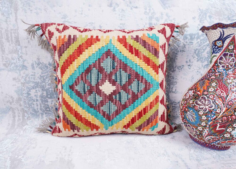 Outdoor Pillows Geometric Pattern Handwoven Kilim Cushion 1.4x1.6 ft - Rugs Turkey