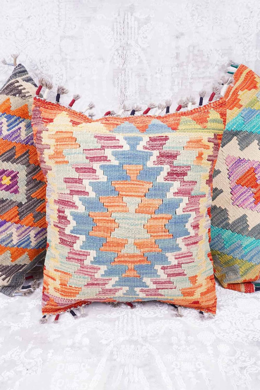 Set of 3 Decorative Pillows Handwoven Kilim Cushions Wool & Wool - Rugs Turkey