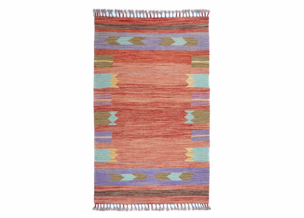 Simple Hand Woven Wool Carpet Usak Kilim 4x2.5 ft Rainbow - Rugs Turkey