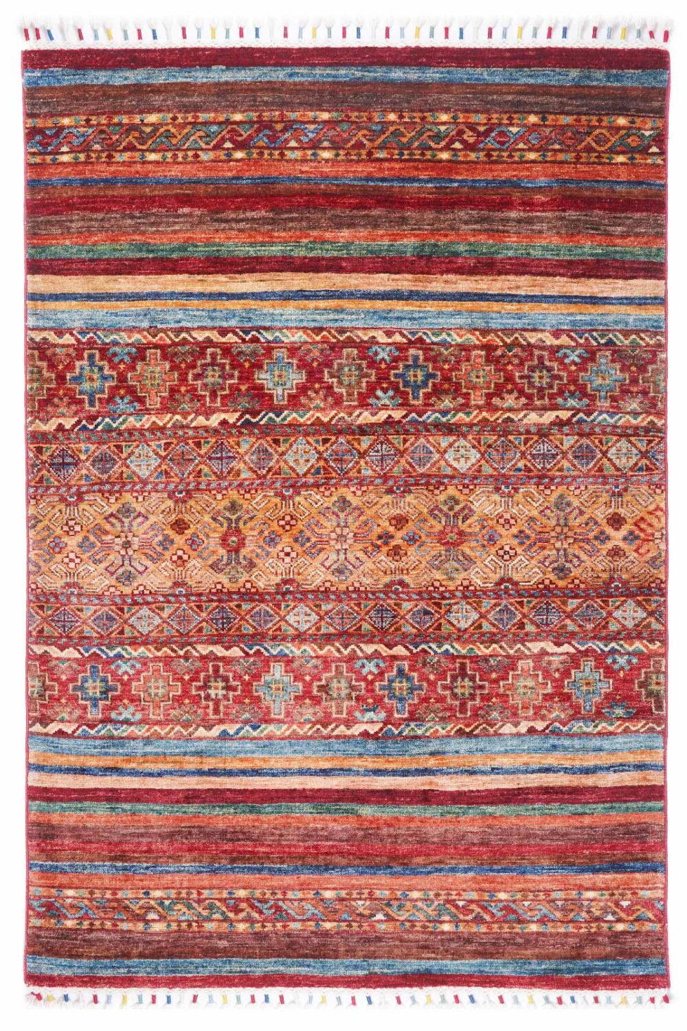 Traditional Ruggable Rugs - Hand-Knotted Red and Rainbow Striped Traditional for Elegance 5x3.4 ft -Rugs Turkey