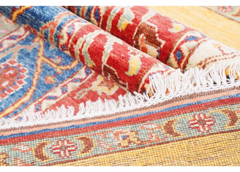 Traditional Yellow and Red Hand-Knotted Oriental Rug Wool & Wool 4.7x3.4 ft - Rugs Turkey