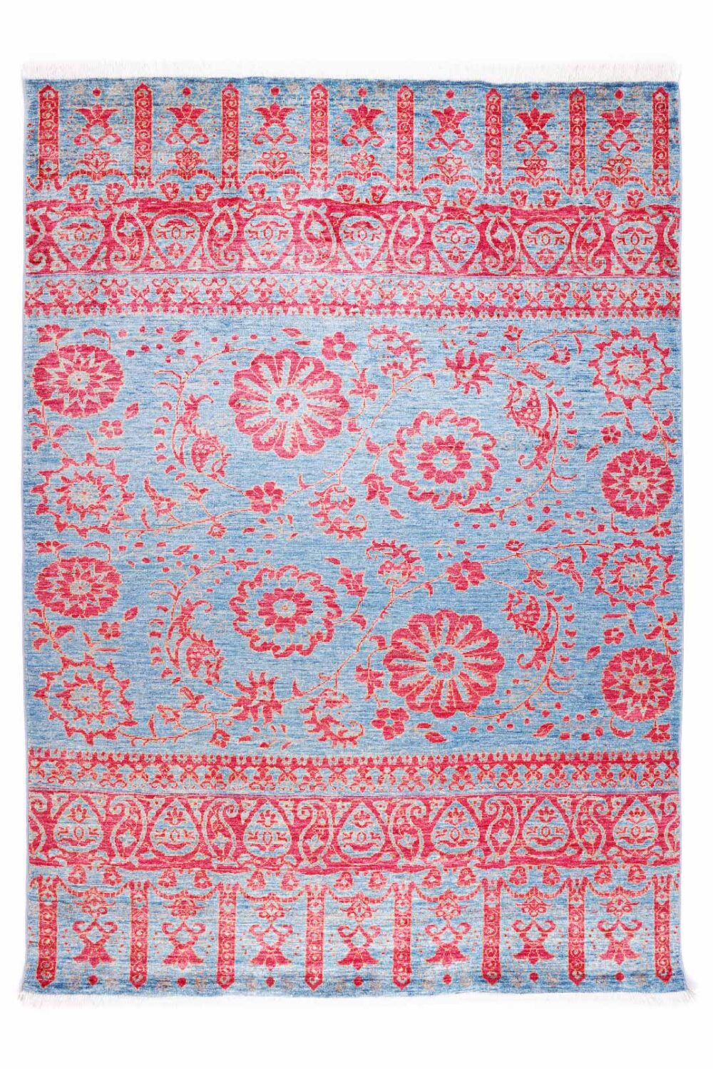 Exclusive Red Blue Floral Rug 7.6x5.5 ft Traditional Wool Horcun - Rugs Turkey