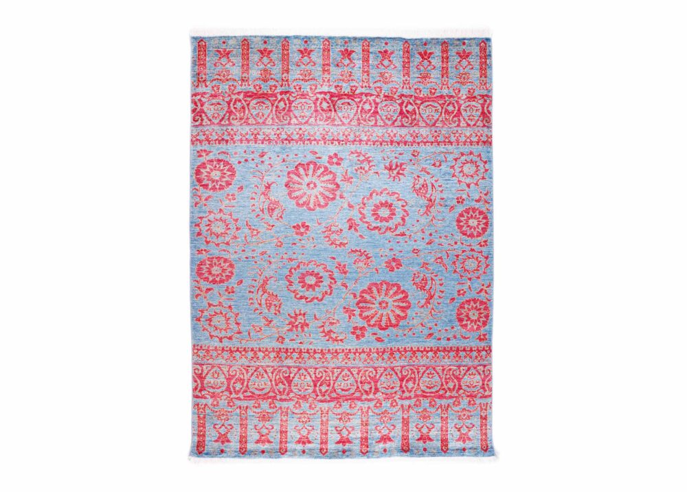 Exclusive Red Blue Floral Rug 7.6x5.5 ft Traditional Wool Horcun - Rugs Turkey