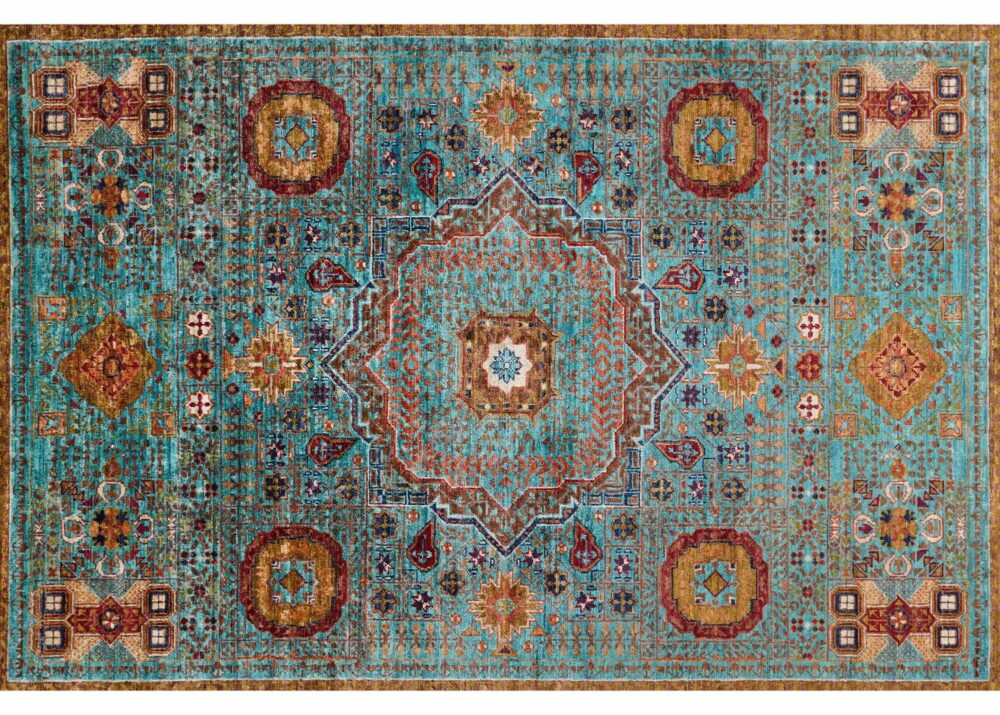 Geometric Pattern Living Area Rug Orange-Blue Traditional Memluk 7x5 - Rugs Turkey