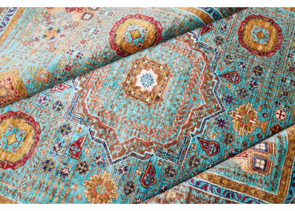 Geometric Pattern Living Area Rug Orange-Blue Traditional Memluk 7x5 - Rugs Turkey