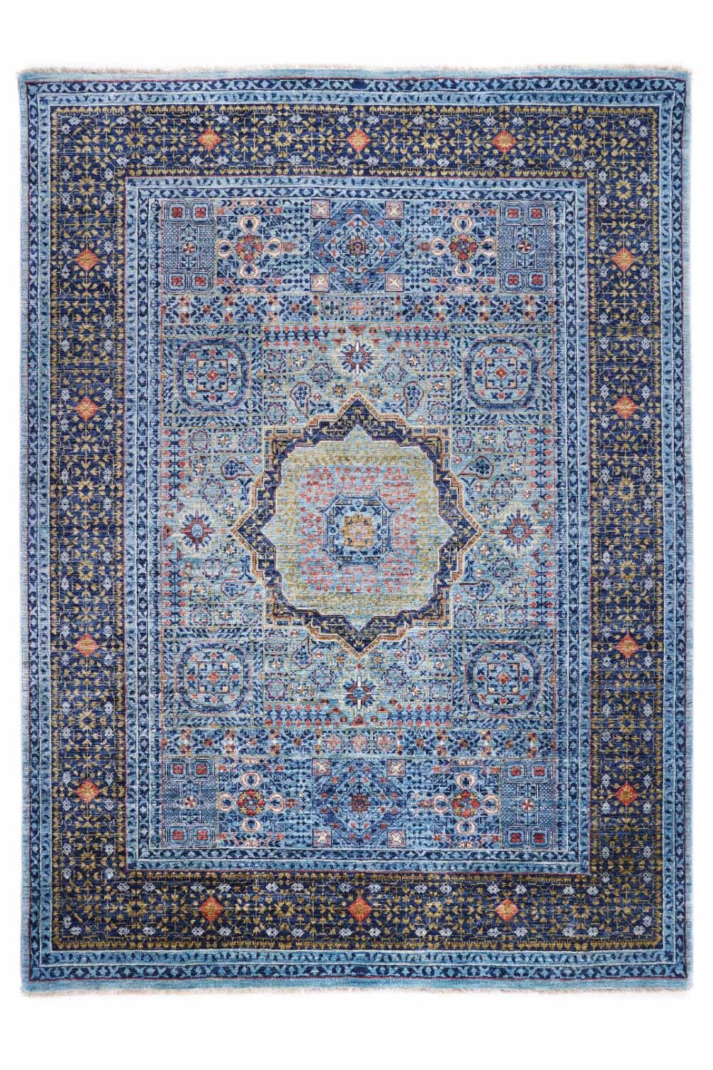 Gorgeous Traditional Memluk Blue Green Rug - 7.7x5.7 ft Geometric - Rugs Turkey