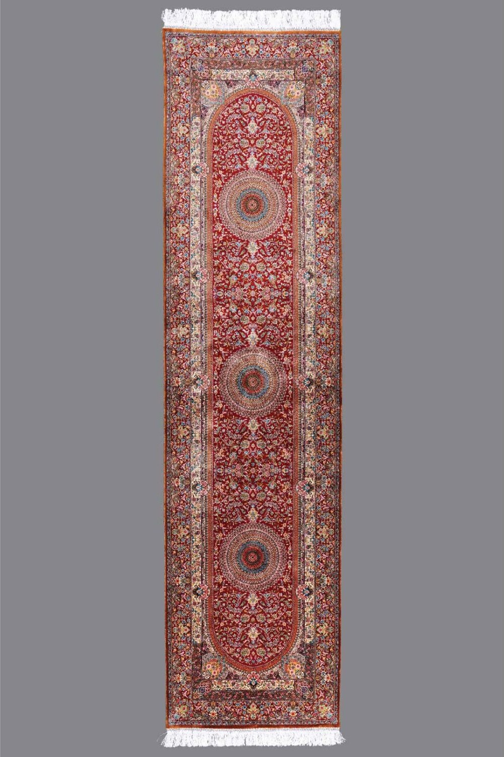 Luxurious Red Silk Table Runner Machine-made Medallion 10x2.6 ft - Rugs Turkey