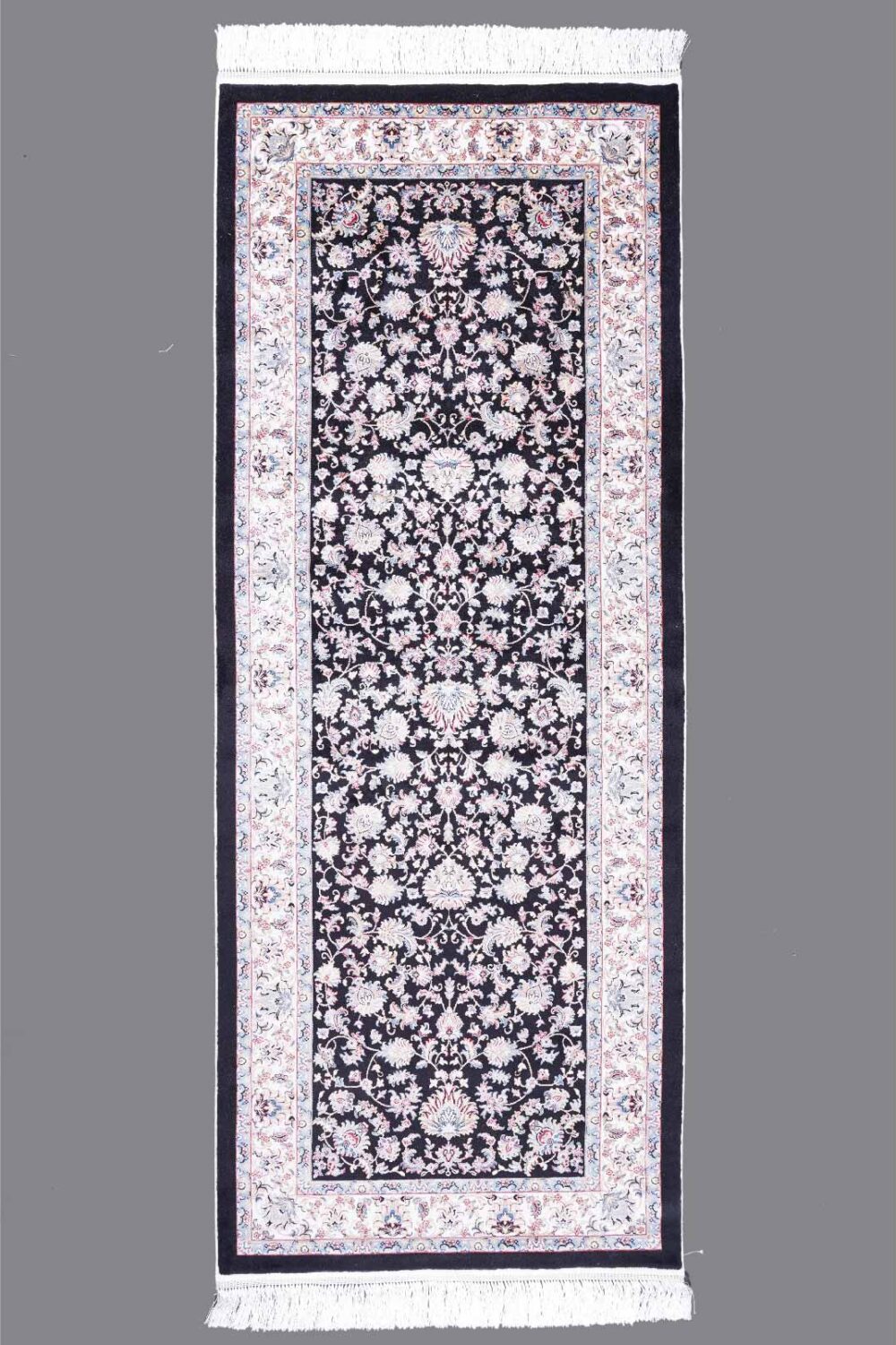 Luxury Silk Floral Black Hallway Runner 6.5x2.6 ft Machine-made Medallion - Rugs Turkey