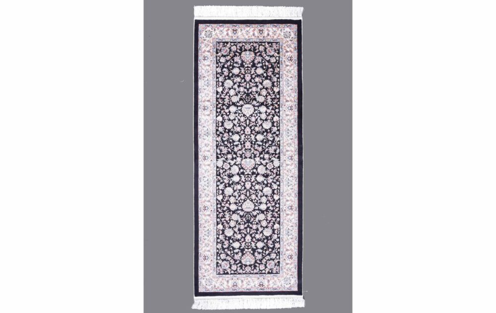 Luxury Silk Floral Black Hallway Runner 6.5x2.6 ft Machine-made Medallion - Rugs Turkey