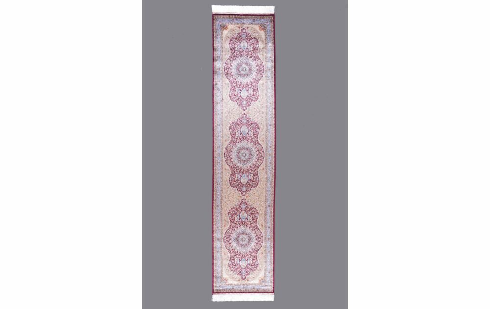 Luxury Table Runner Gold-Red Medallion Silk 11x2.6 ft Machine-Made - Rugs Turkey