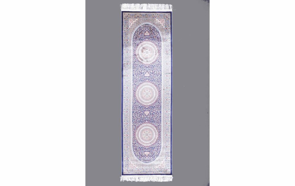 Machine Made with Silk Blue-Grey Oriental 8 x 2 Runner Medallion - Rugs Turkey