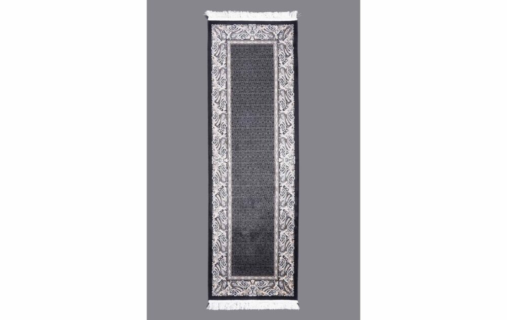 Medallion Black and Beige Runner Rug Silk-Bamboo 6x2 ft Machine Made - Rugs Turkey